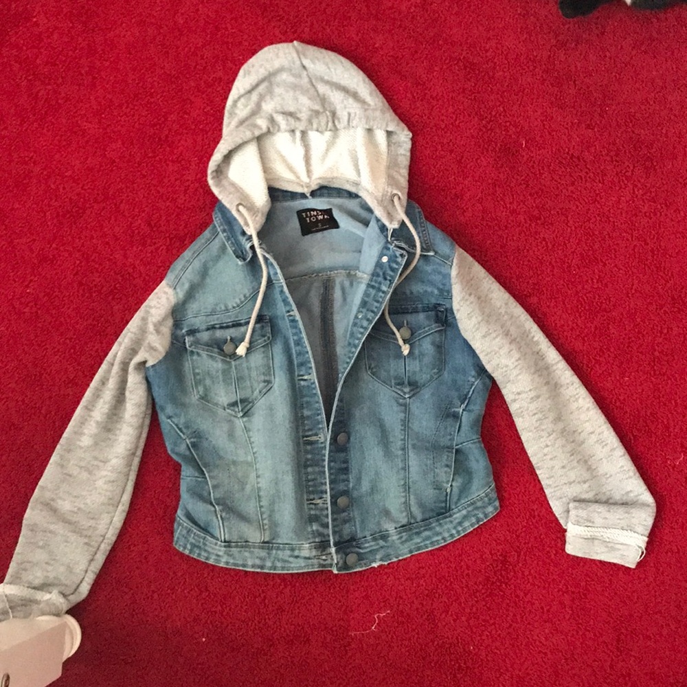 jean jacket with light grey hoodie